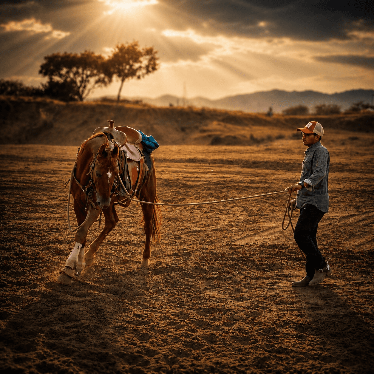 Mehboob Subhani training a horse at golden hour