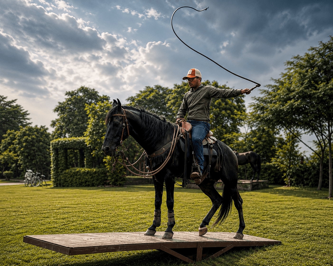 Mehboob Subhani working a horse against a dramatic sky