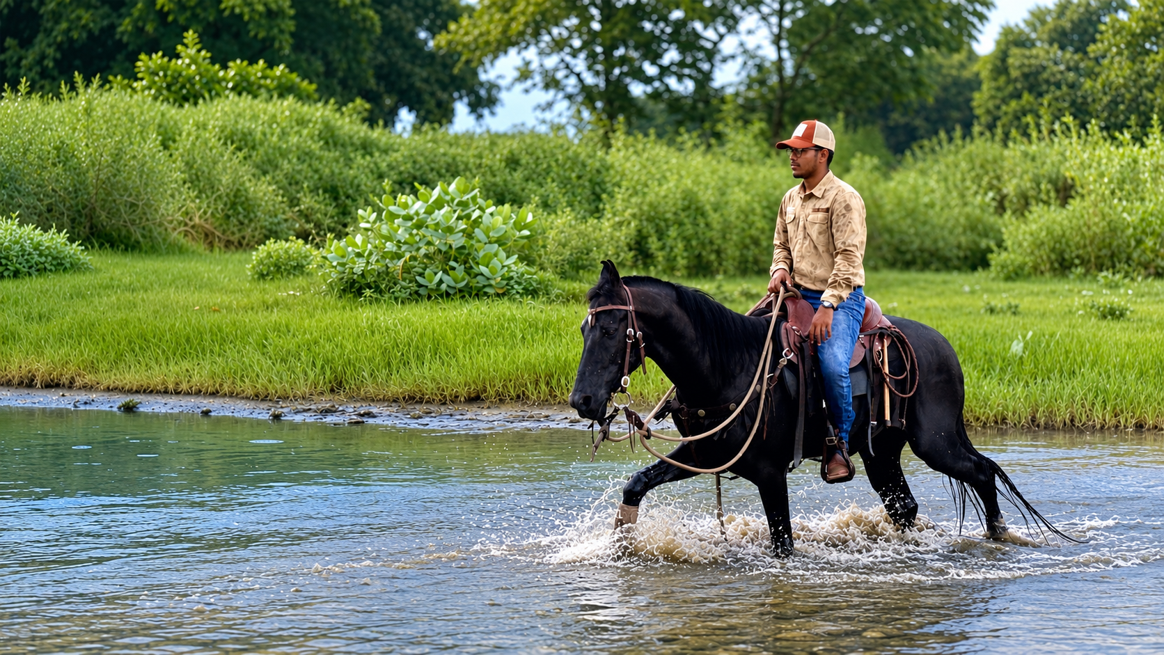 Mehboob Subhani leading a horse through a river crossing